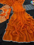 Orange Premium Fancy Satin Saree with Mirror Lace Border