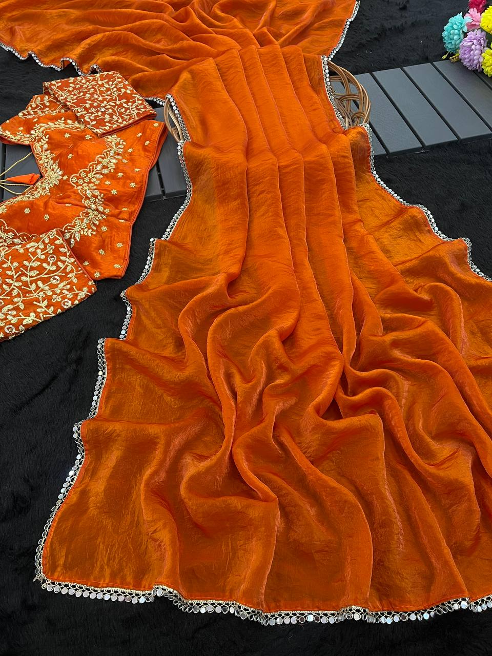 Orange Premium Fancy Satin Saree with Mirror Lace Border
