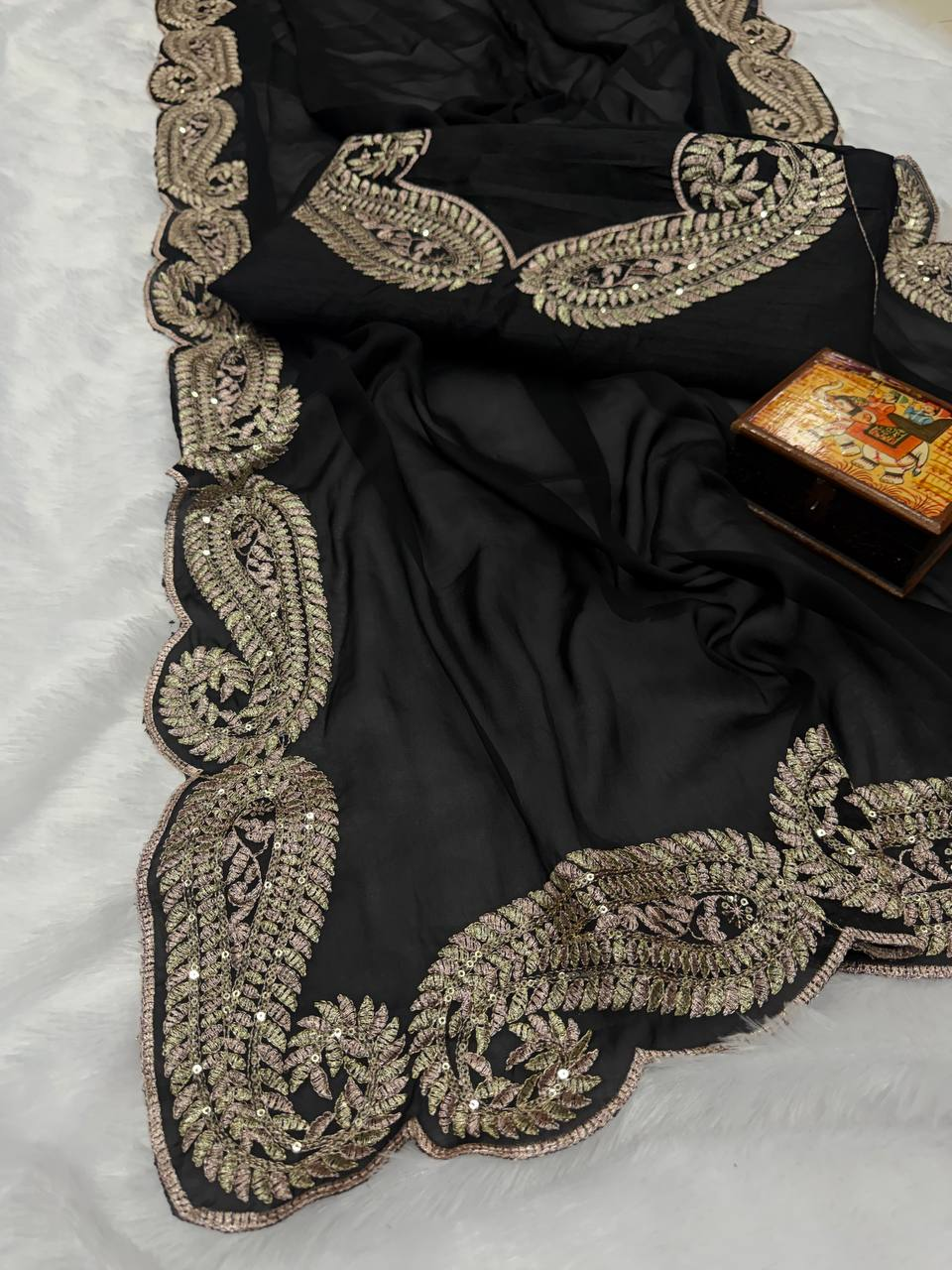 Black Premium Rangoli Silk Saree with C-Pallu Zari Thread & 3mm Sequence Embroidery