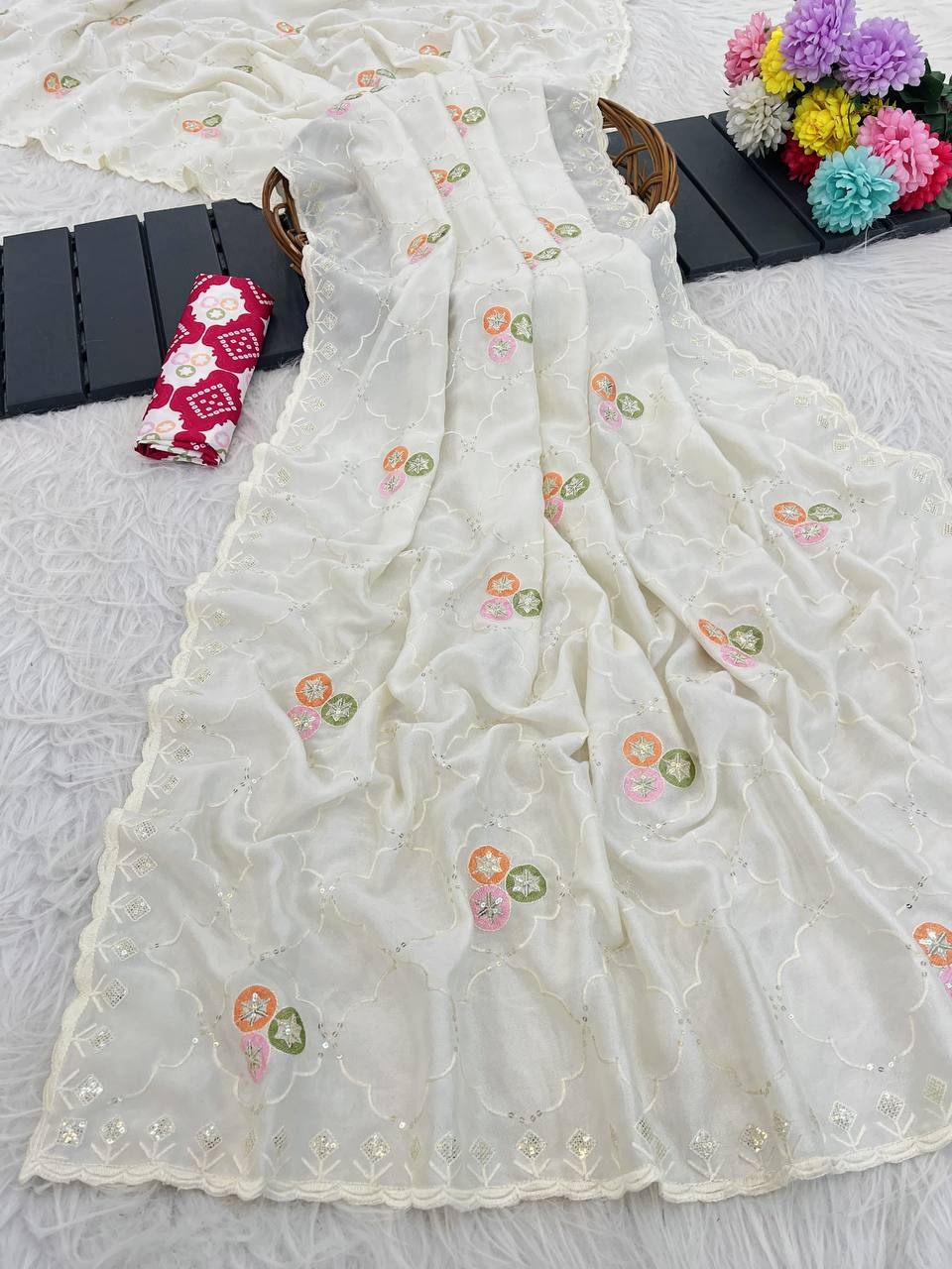 Off White Premium Vichitra Saree with C-Pallu Embroidery & Multi Thread Work