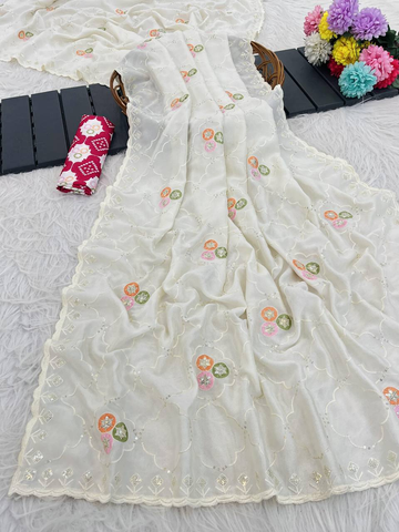 Off White Premium Vichitra Saree with C-Pallu Embroidery & Multi Thread Work