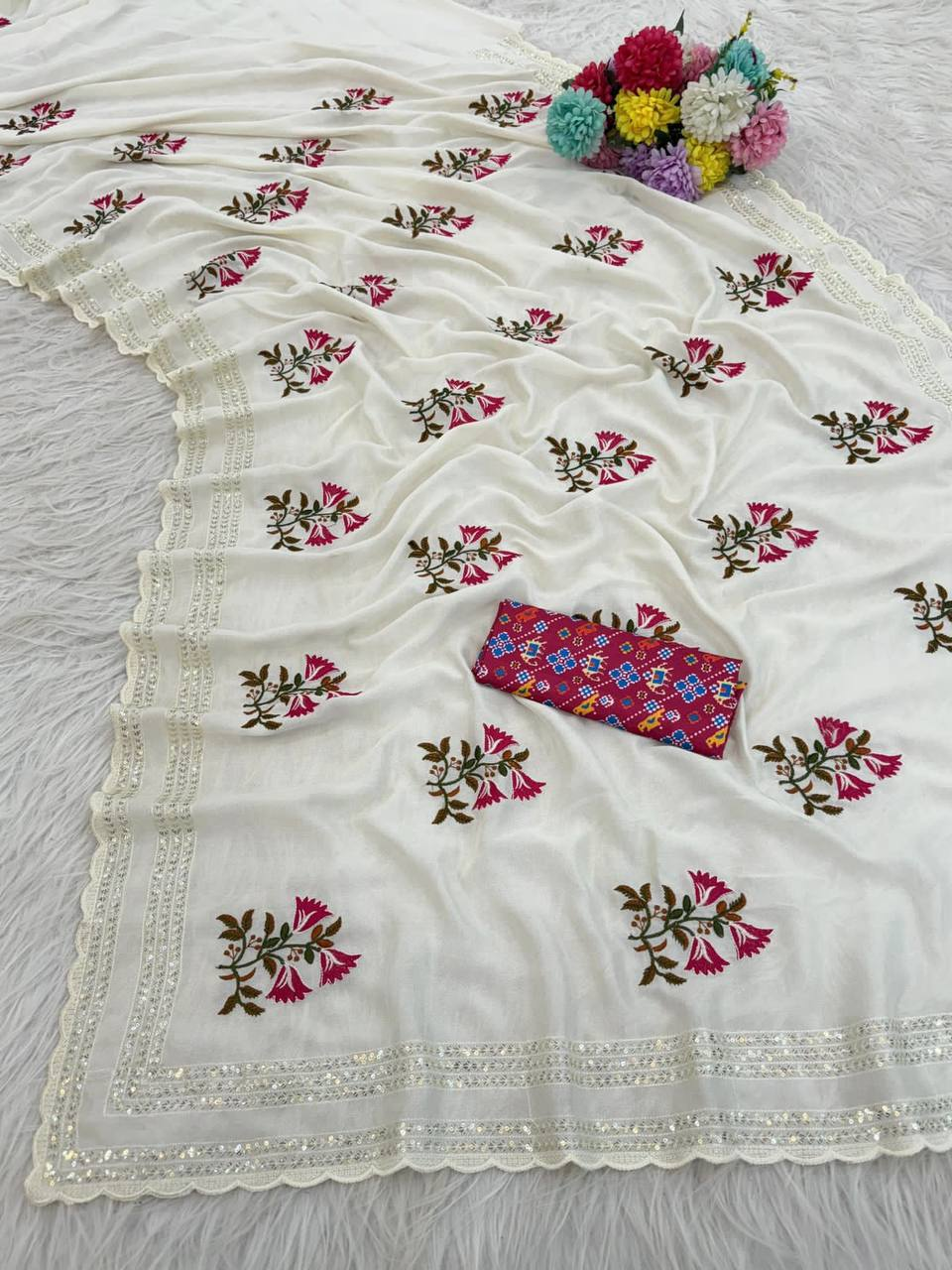White Premium Vichitra Saree with C-Pallu Embroidery & Multi Thread Work