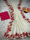 Off White Soft Blooming Vichitra Saree with C-Pallu Butterfly Embroidery Thread Work
