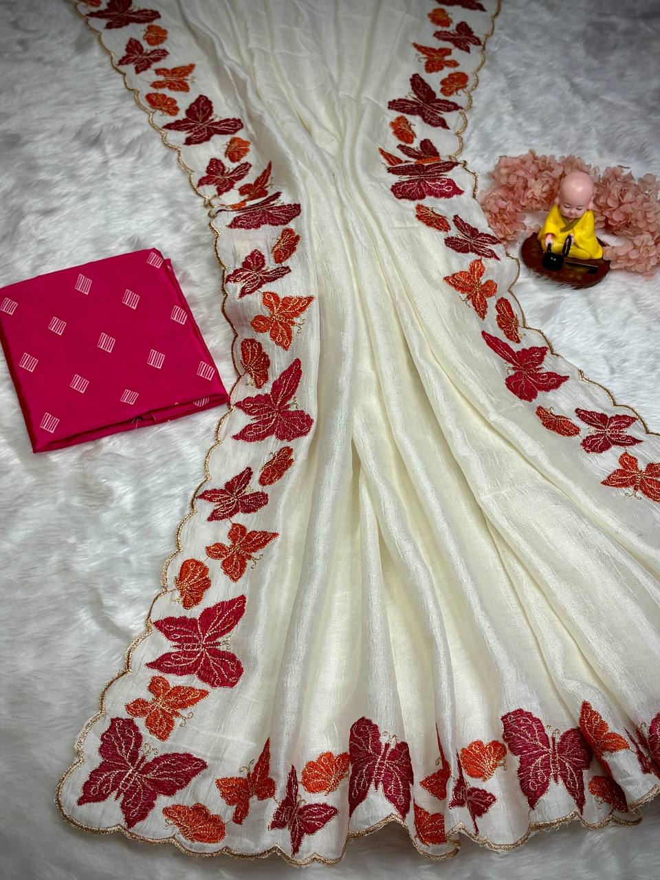 Off White Soft Blooming Vichitra Saree with C-Pallu Butterfly Embroidery Thread Work