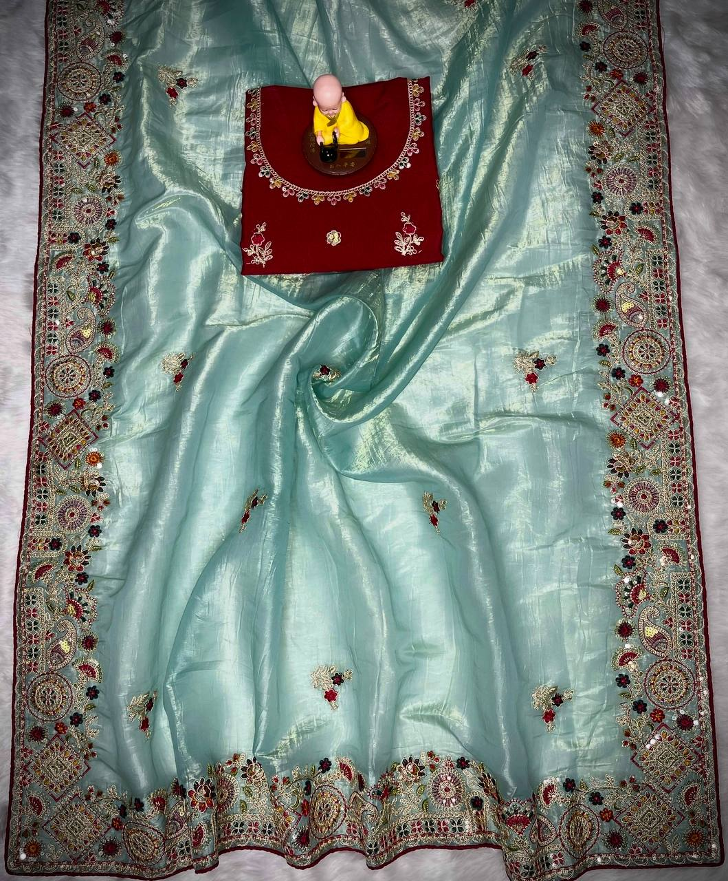 Mint Green Gold Crush Saree with C-Pallu Coding Sequence Multi Thread Embroidery