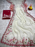 Off White Premium Star Georgette Saree with C-Pallu Peacock Embroidery & Multi Thread Work
