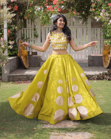 Traditional Parrot Green Roman Silk Navratri Wear Lehenga Choli