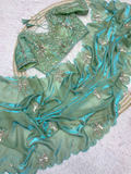 Sea Green Chakli Saree - Fancy Satin Silk with Sparrow Butta Bits Work & Cutwork Border