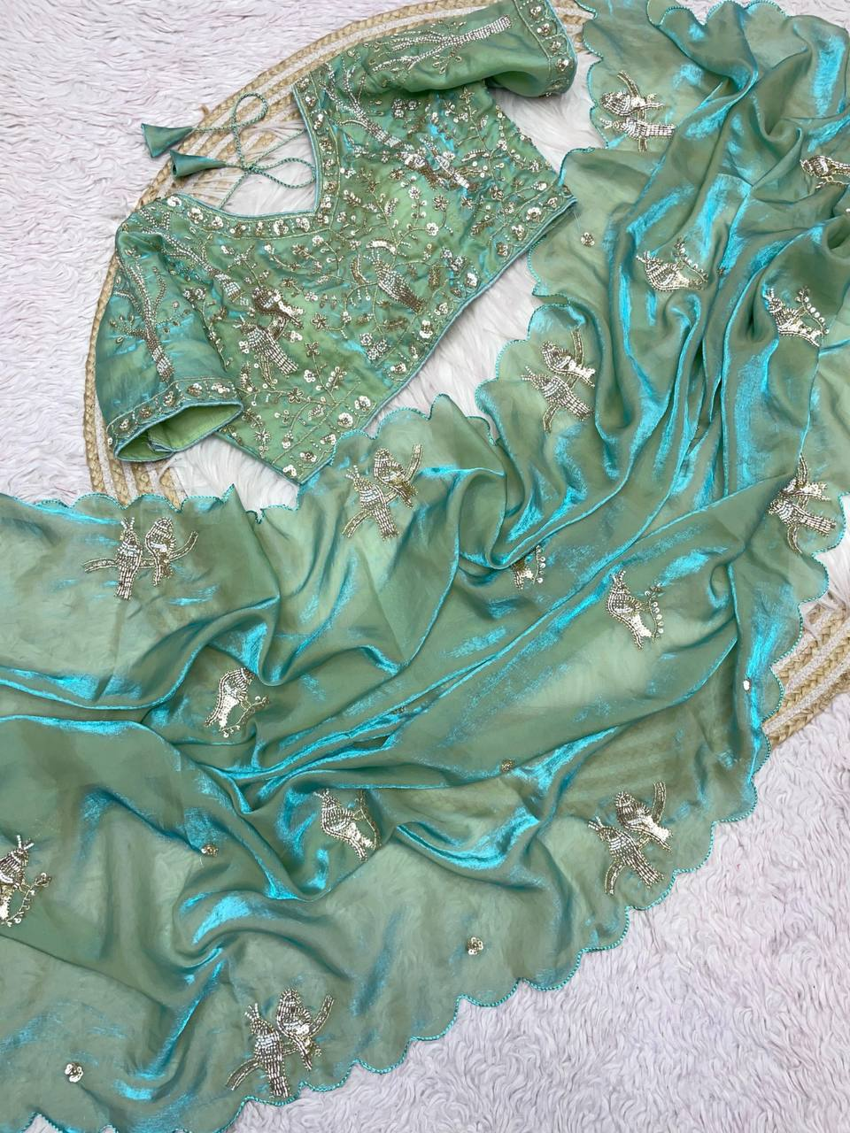 Sea Green Chakli Saree - Fancy Satin Silk with Sparrow Butta Bits Work & Cutwork Border