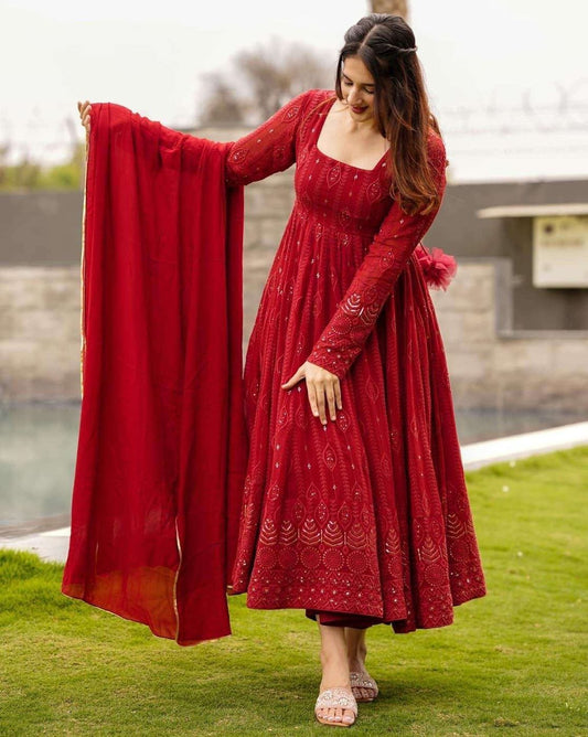 Maroon Embroidered Georgette Suit Set