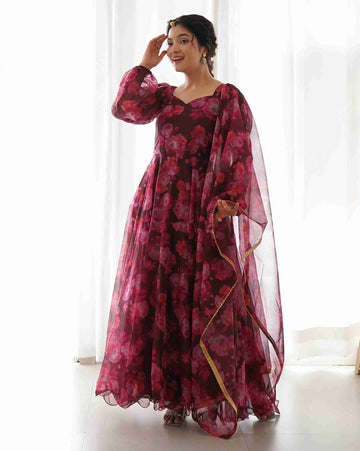 Heer Maroon Colour Flower Printed Pure Organza Gown