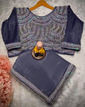 Steel Grey Sharini Heavy Chocolate Georgette Saree with Kat Dana Bits Work