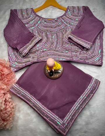 Purple Sharini Heavy Chocolate Georgette Saree with Kat Dana Bits Work