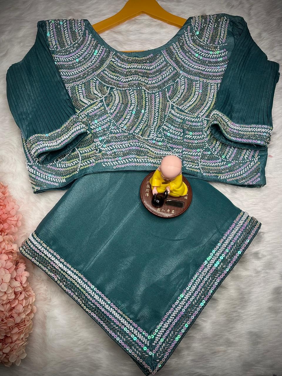 Teal Sharini Heavy Chocolate Georgette Saree with Kat Dana Bits Work