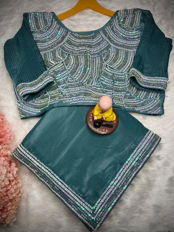 Teal Sharini Heavy Chocolate Georgette Saree with Kat Dana Bits Work
