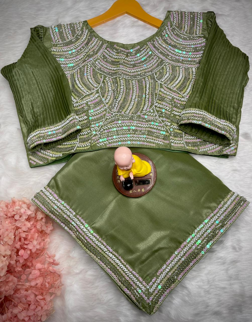 Olive Green Sharini Heavy Chocolate Georgette Saree with Kat Dana Bits Work