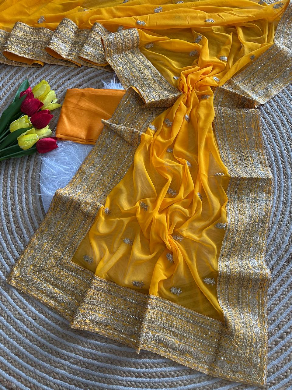 Yellow Pure Georgette Saree with Embroidery Sequins Work Border