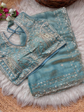 Dusty Blue Pure Soft Fandy Satin Silk Saree with Sequence Embroidery & Multi Border Aarco Work