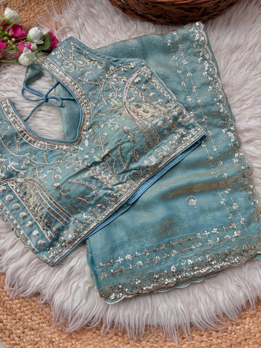 Dusty Blue Pure Soft Fandy Satin Silk Saree with Sequence Embroidery & Multi Border Aarco Work
