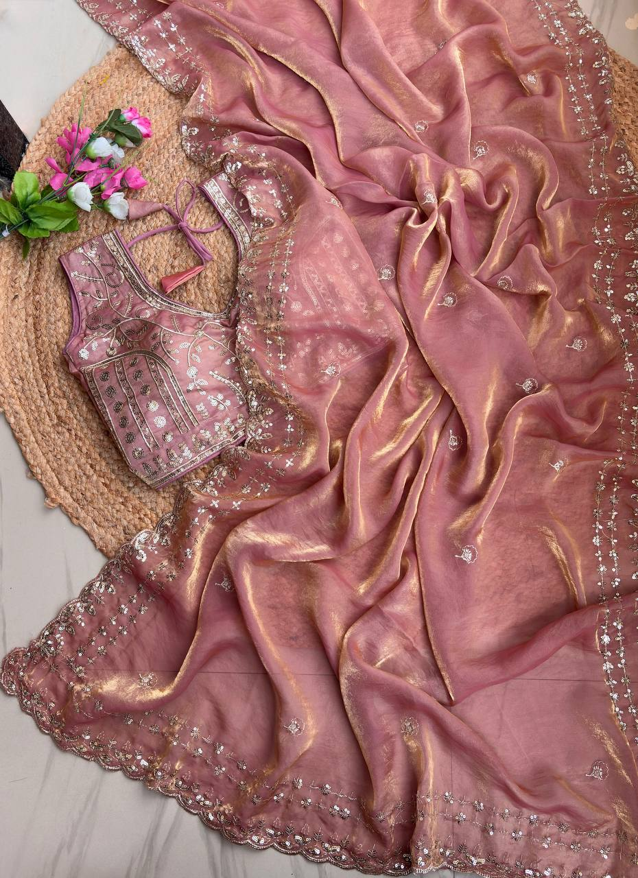 Dusty Pink Pure Soft Fandy Satin Silk Saree with Sequence Embroidery & Multi Border Aarco Work