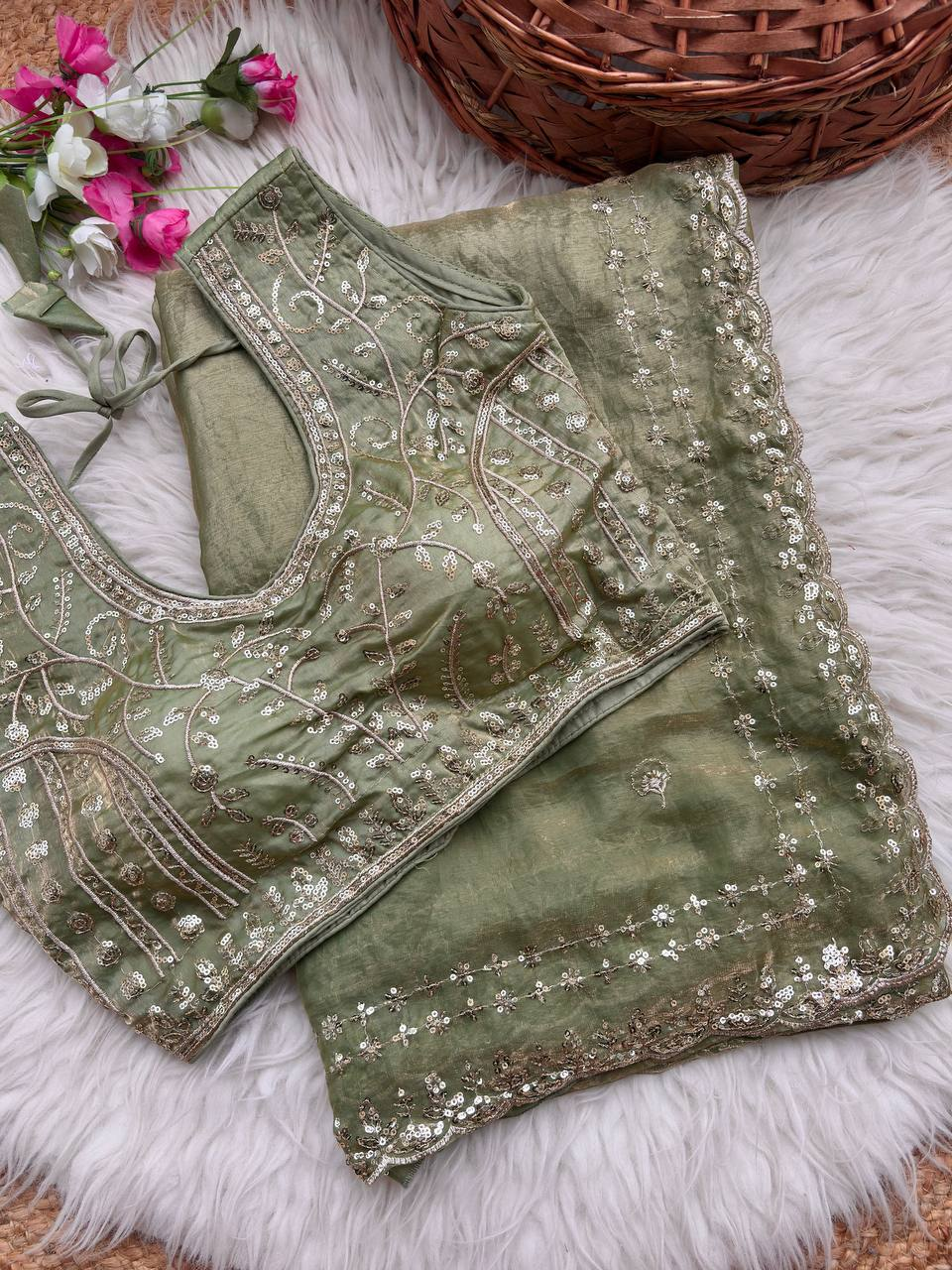 Sage Green Pure Soft Fandy Satin Silk Saree with Sequence Embroidery & Multi Border Aarco Work