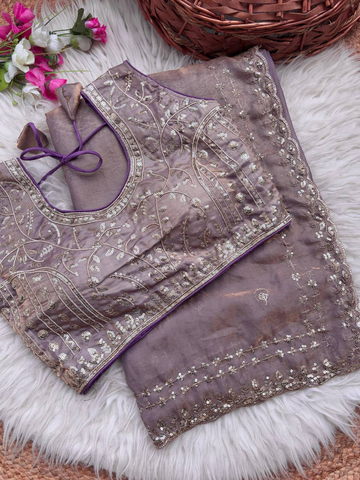 Mauve Grey Pure Soft Fandy Satin Silk Saree with Sequence Embroidery & Multi Border Aarco Work