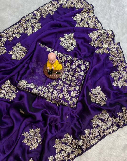 Purple Rangoli Silk Saree - 3mm Coding C-Pallu Embroidery with Cutwork Border