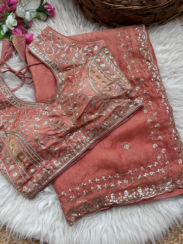 Rust Peach Pure Soft Fandy Satin Silk Saree with Sequence Embroidery & Multi Border Aarco Work