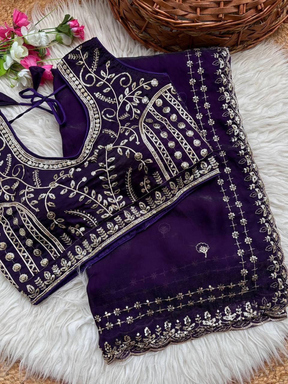 Purple Pure Soft Fandy Satin Silk Saree with Sequence Embroidery & Multi Border Aarco Work