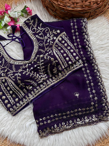 Purple Pure Soft Fandy Satin Silk Saree with Sequence Embroidery & Multi Border Aarco Work