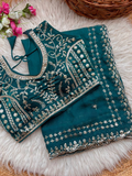 Teal Pure Soft Fandy Satin Silk Saree with Sequence Embroidery & Multi Border Aarco Work
