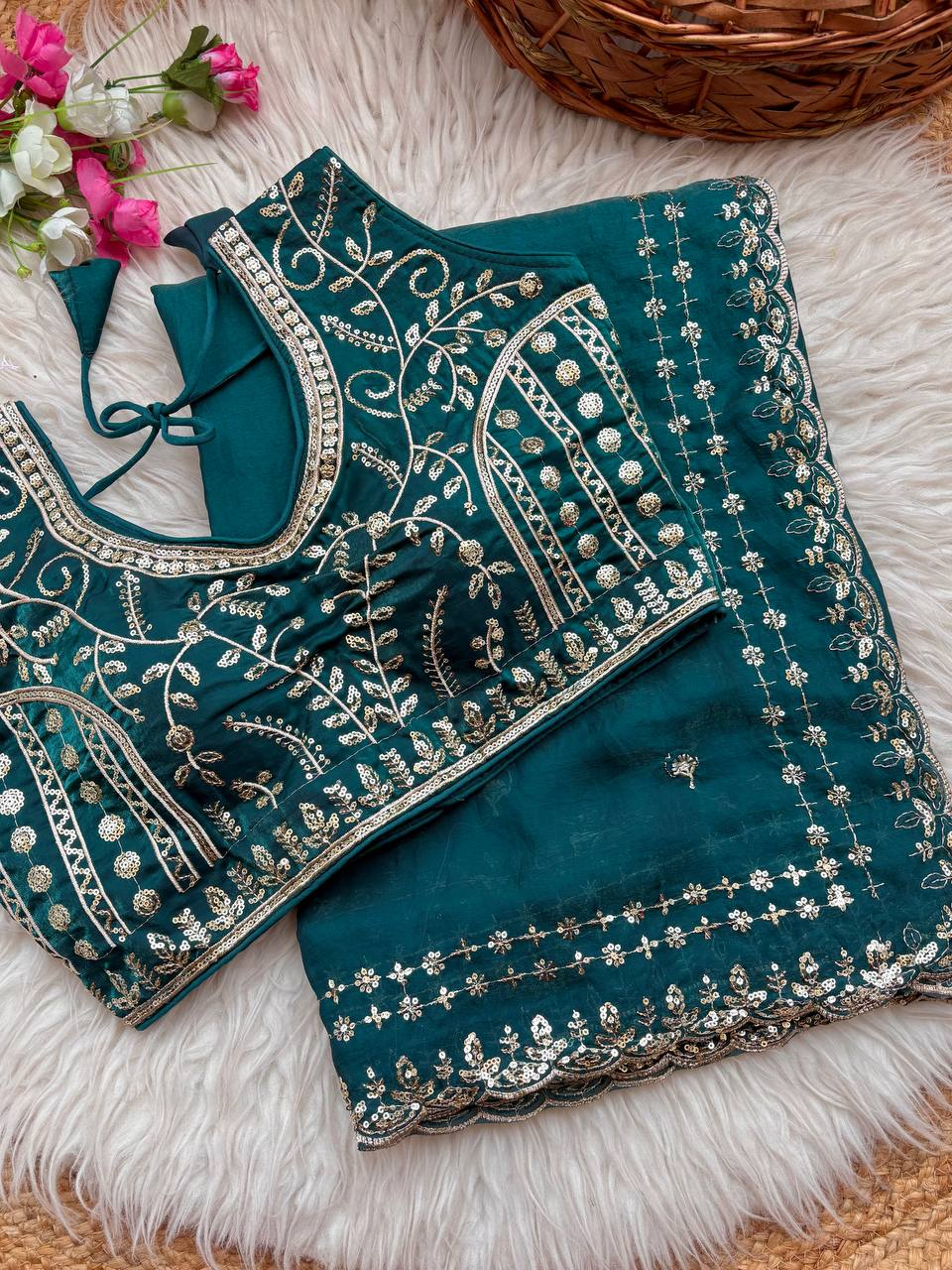 Teal Pure Soft Fandy Satin Silk Saree with Sequence Embroidery & Multi Border Aarco Work