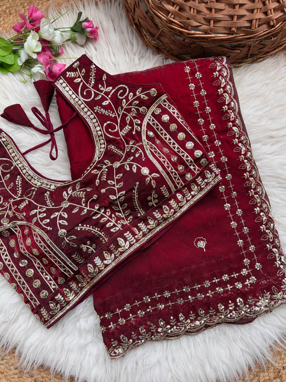 Maroon Pure Soft Fandy Satin Silk Saree with Sequence Embroidery & Multi Border Aarco Work