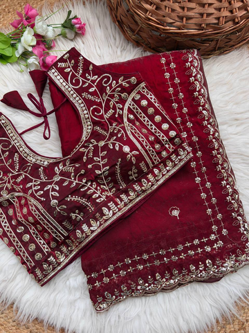 Maroon Pure Soft Fandy Satin Silk Saree with Sequence Embroidery & Multi Border Aarco Work