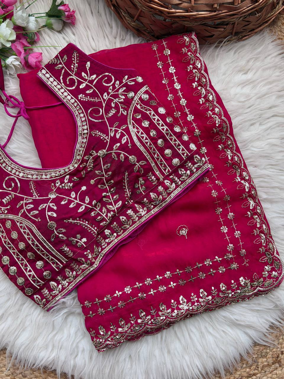 Rani Pink Pure Soft Fandy Satin Silk Saree with Sequence Embroidery & Multi Border Aarco Work