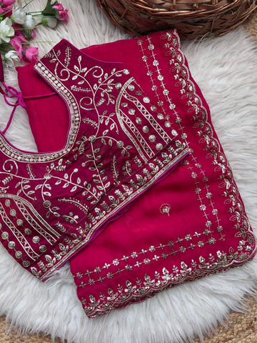 Rani Pink Pure Soft Fandy Satin Silk Saree with Sequence Embroidery & Multi Border Aarco Work