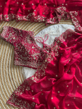 Crimson Red Pure Soft Fandy Satin Silk Saree with Sequence Embroidery & Multi Border Aarco Work