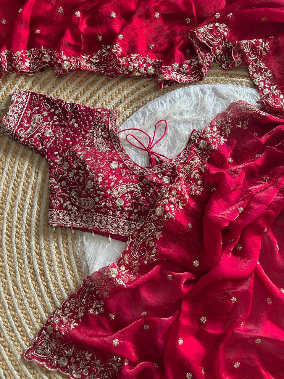Crimson Red Pure Soft Fandy Satin Silk Saree with Sequence Embroidery & Multi Border Aarco Work