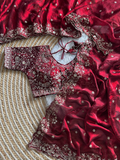 Deep Maroon Pure Soft Fandy Satin Silk Saree with Sequence Embroidery & Multi Border Aarco Work