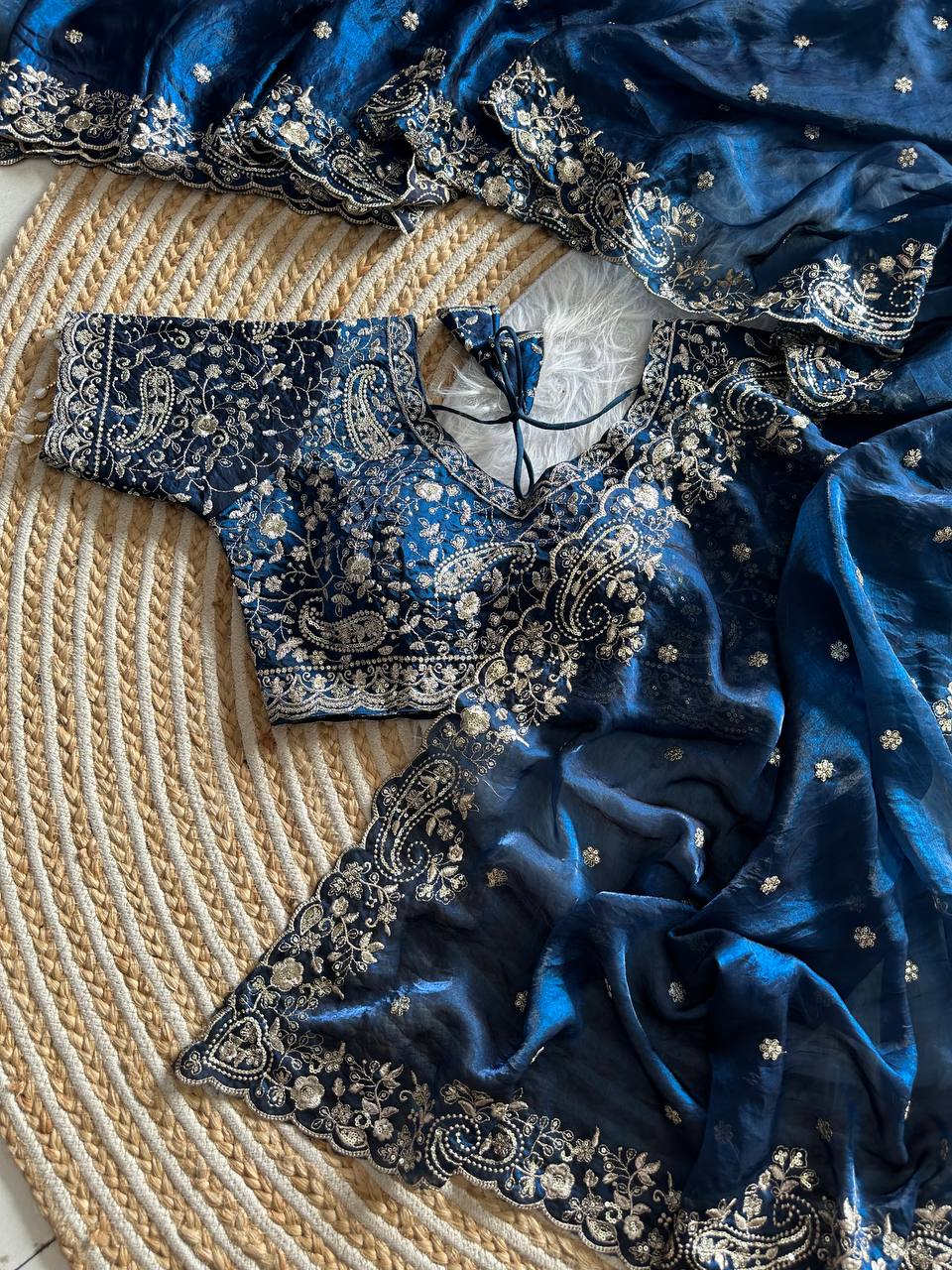 Navy Blue Pure Soft Fandy Satin Silk Saree with Sequence Embroidery & Multi Border Aarco Work