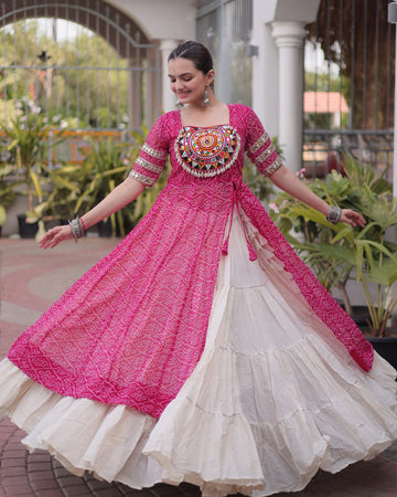 Pink Color Bandhani Printed Kurti With Kora Cotton Lehenga
