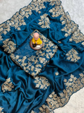 Teal Blue Rangoli Silk Saree - 3mm Coding C-Pallu Embroidery with Cutwork Border