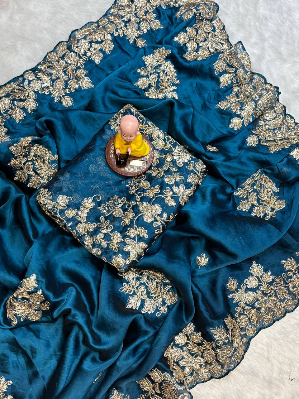 Teal Blue Rangoli Silk Saree - 3mm Coding C-Pallu Embroidery with Cutwork Border