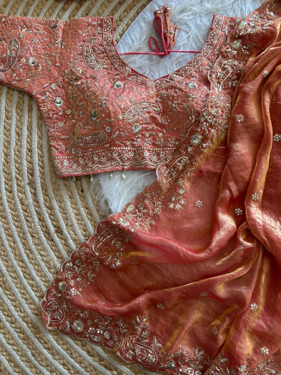Turquoise Pure Soft Fandy Satin Silk Saree with Sequence Embroidery & Paisley Multi Border Aarco Work