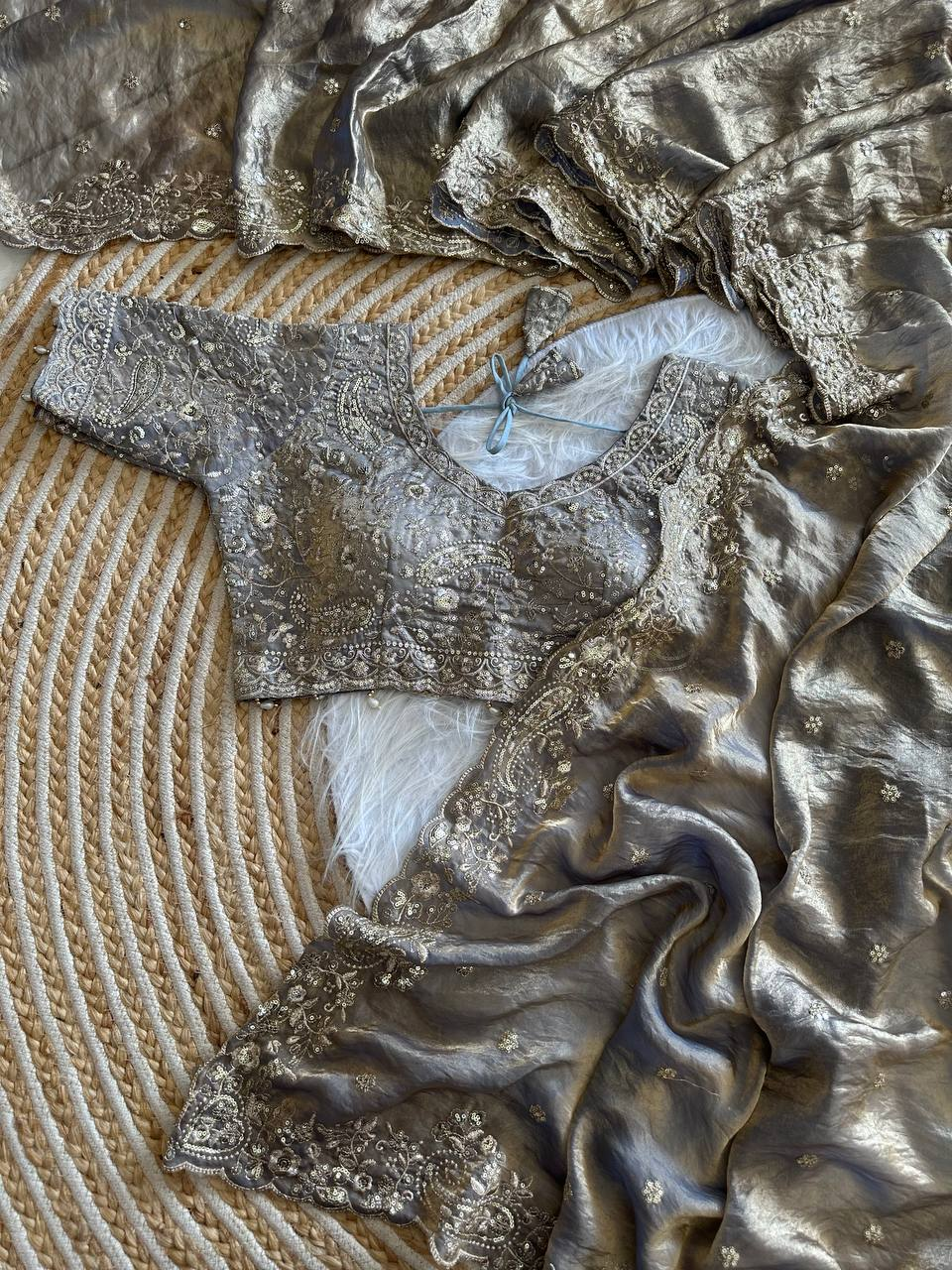 White Pure Soft Fandy Satin Silk Saree with Sequence Embroidery & Paisley Multi Border Aarco Work