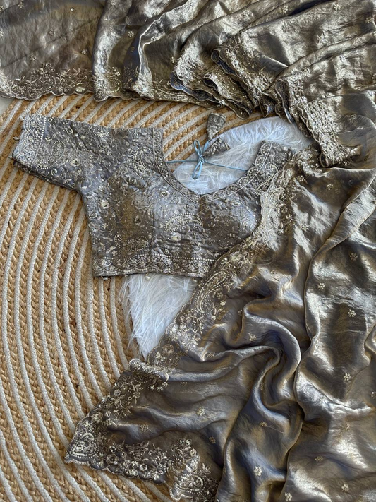 Silver Grey Pure Soft Fandy Satin Silk Saree with Sequence Embroidery & Paisley Multi Border Aarco Work