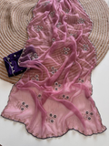 Rose Gold Pure Soft Fandy Satin Silk Saree with Sequence Embroidery & Paisley Multi Border Aarco Work