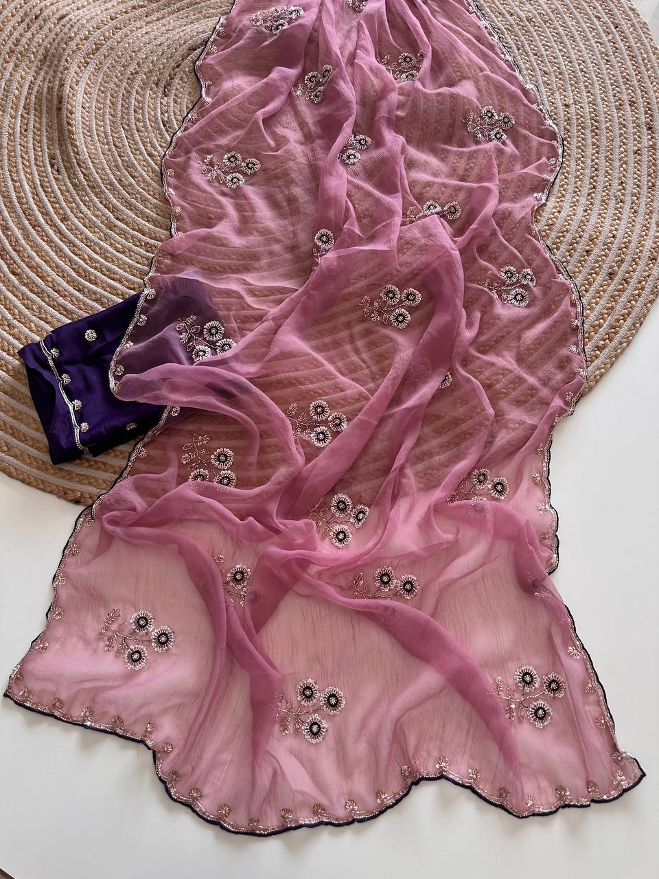 Rose Gold Pure Soft Fandy Satin Silk Saree with Sequence Embroidery & Paisley Multi Border Aarco Work