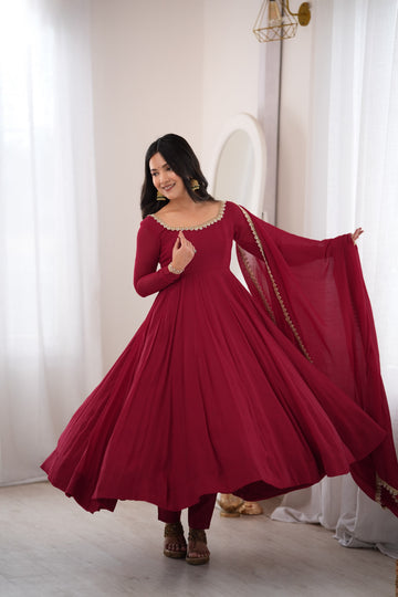 Maroon Mirror Work Anarkali Gown for Women with Dupatta