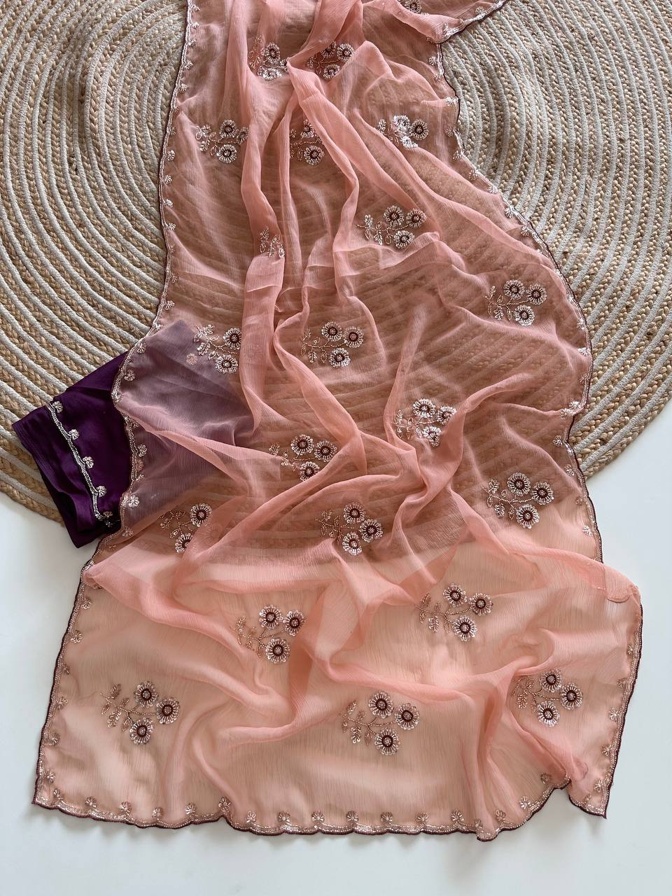 Dusty Pink Pure Soft Wari Chiffon Silk Saree with Sequence Cutdana Embroidery & Multi Border Aarco Work
